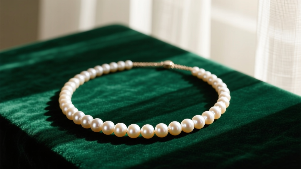 Elegant flat lay of a Dyrberg Kern freshwater pearl necklace on dark emerald velvet, soft warm lighting highlighting the luster.