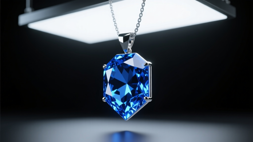 Sapphire pendant lit by a high-CRI LED light panel at 5500K, showing deep blue color clarity without dark extinction zones