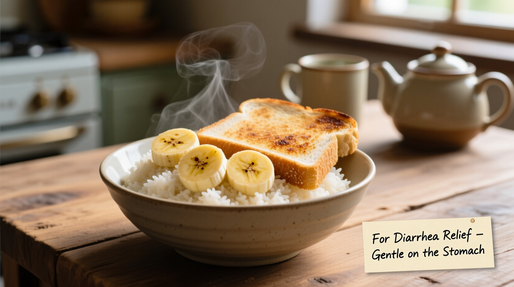 Bowl of rice with banana and toast for diarrhea relief