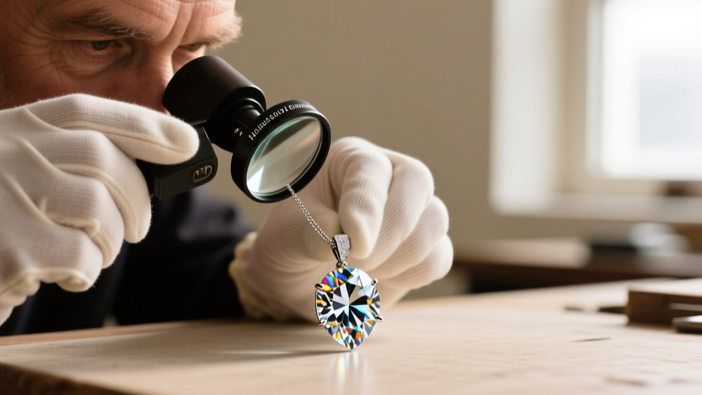 Close-up of a jeweler using a 10x triplet loupe to inspect the girdle of a brilliant-cut diamond pendant for a laser inscription.