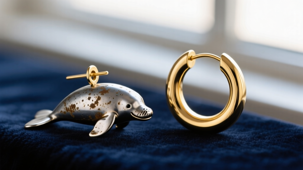 Macro shot comparing a tarnished zinc alloy manatee earring next to a polished 14k gold vermeil manatee huggie hoop on velvet