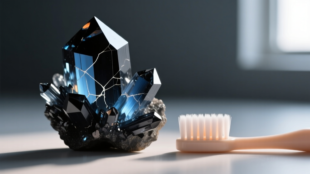 Macro view of the fibrous crystal structure of raw black kyanite next to a soft-bristled baby toothbrush on a dark slate