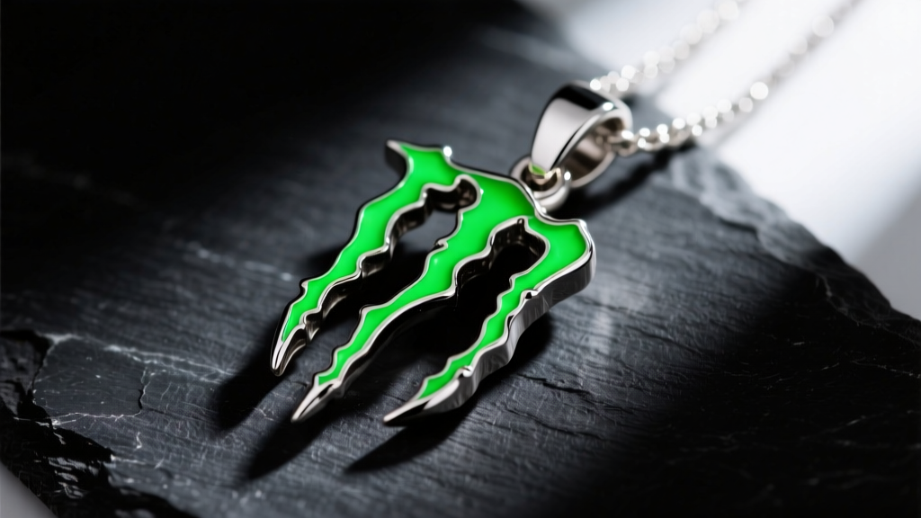 Macro shot of a 925 sterling silver Monster Energy claw pendant with neon green vitreous enamel inlay, displayed on dark slate