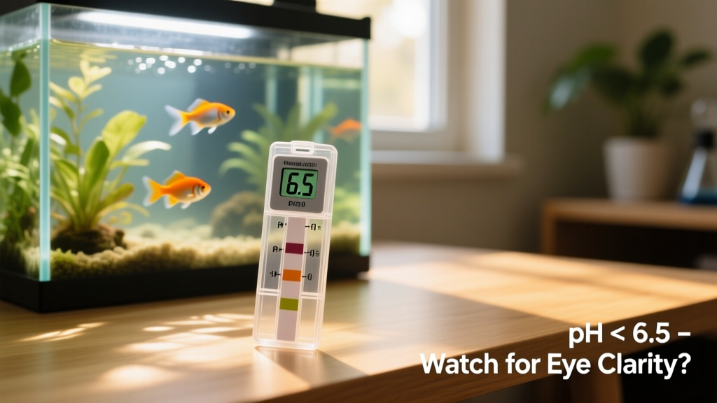 Aquarium test kit showing pH reading below 6.5, with clear water in background
