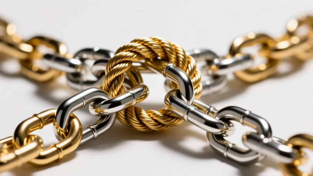 Macro shot of a tangled gold rope chain and silver box chain, showing interlocking links and friction points under studio lighting
