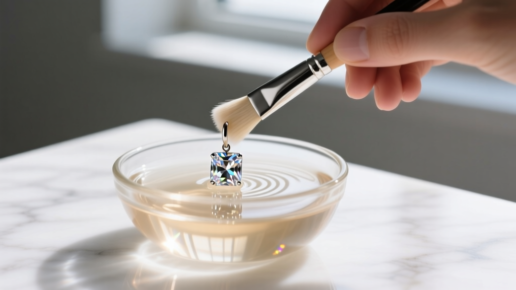 Soft-bristled brush gently cleaning high quality cubic zirconia drop earrings in a small glass bowl of warm soapy water.
