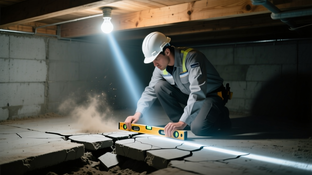 Structural engineer inspecting a cracked concrete slab foundation with a laser level in a dimly lit residential crawl space.