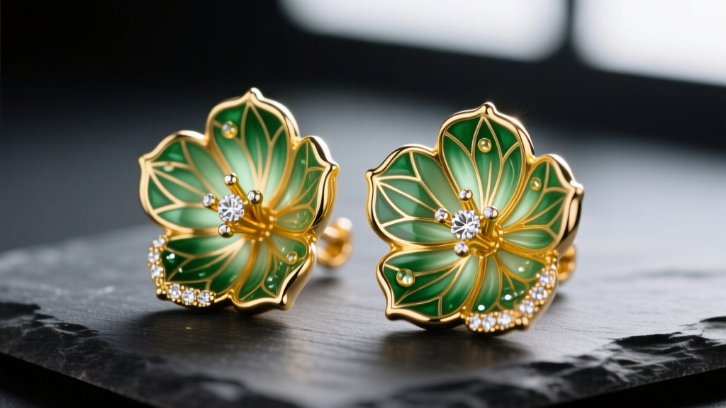 Macro shot of 18k yellow gold tulip earrings with translucent green guilloché enamel petals and diamond accents on dark slate