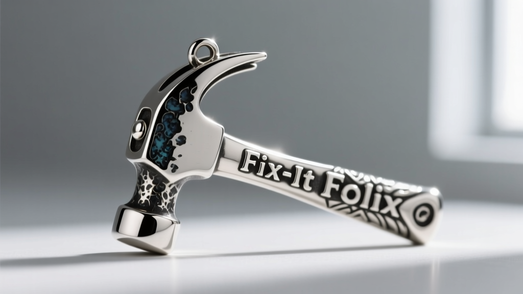 Macro shot of a sterling silver Fix-It Felix hammer pendant showing intricate oxidized detailing and high polish metal finishes.