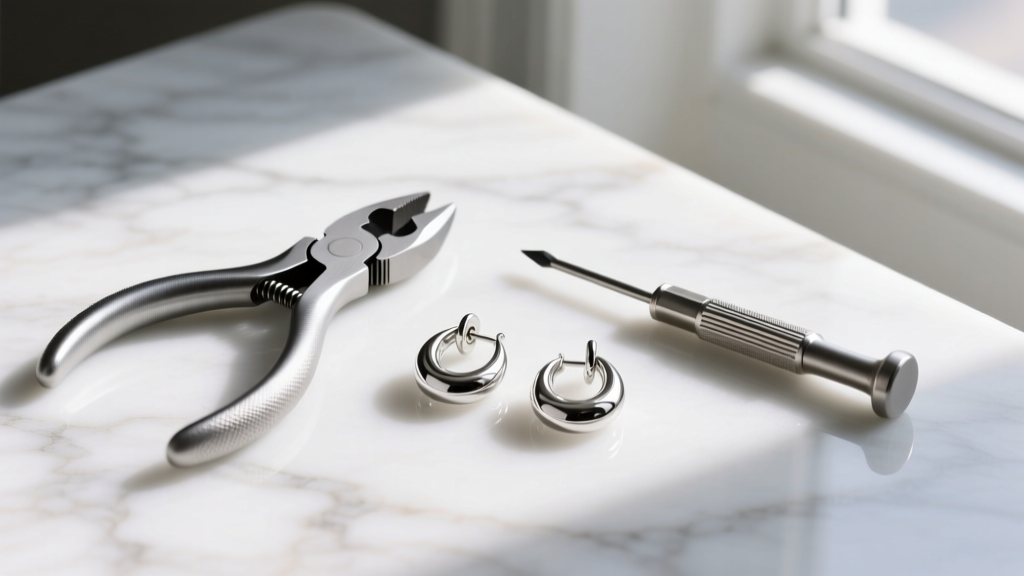 Nylon-jaw pliers and a micro screwdriver resting beside heavy silver clip on cross earrings on a bright marble surface