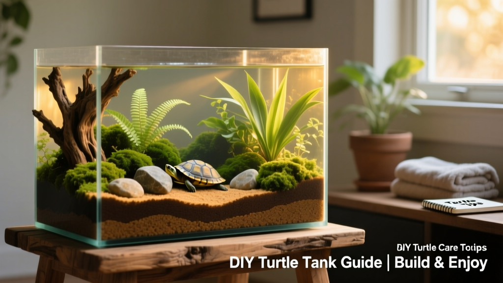 Side view of a 30-gallon DIY turtle tank featuring layered substrate, driftwood, rocks, and lush greenery