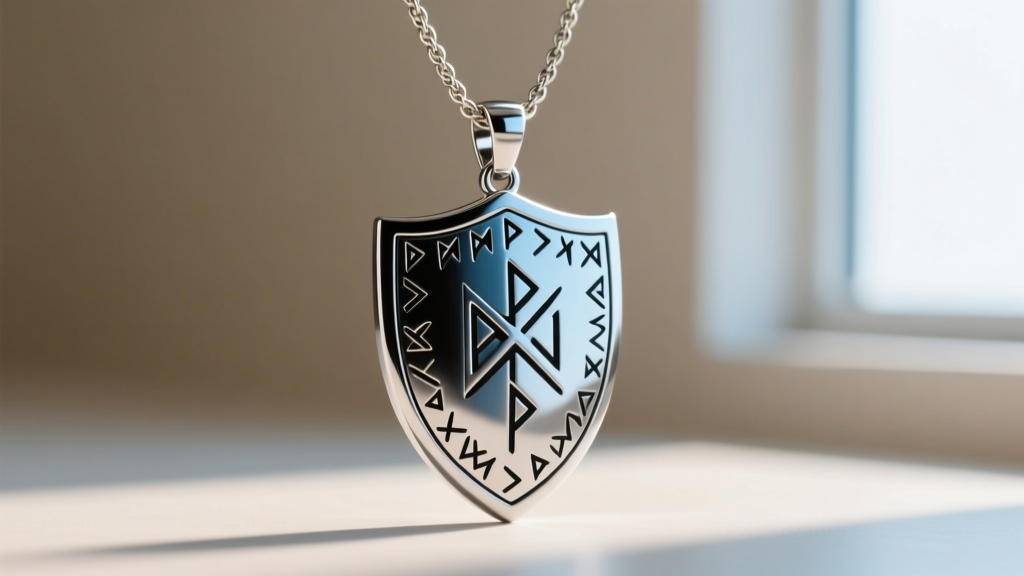 Polished 316L surgical steel shield pendant with laser-engraved runes hanging from a 4mm wheat chain against a neutral background.