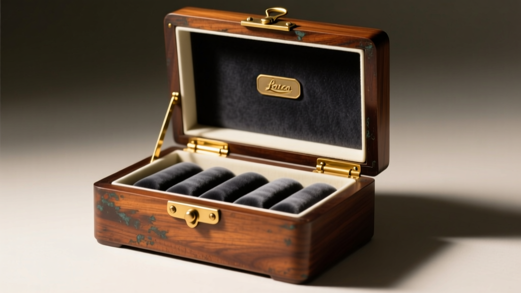 Open 1920s mahogany old jewelry box with brass hinges, showing modern anti-tarnish micro-suede inserts under warm studio lighting