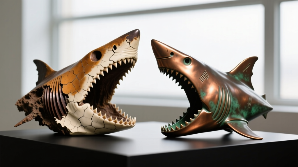 Macro comparison of a genuine serrated megalodon fossil and a cast bronze replica, highlighting texture and edge color contrasts.
