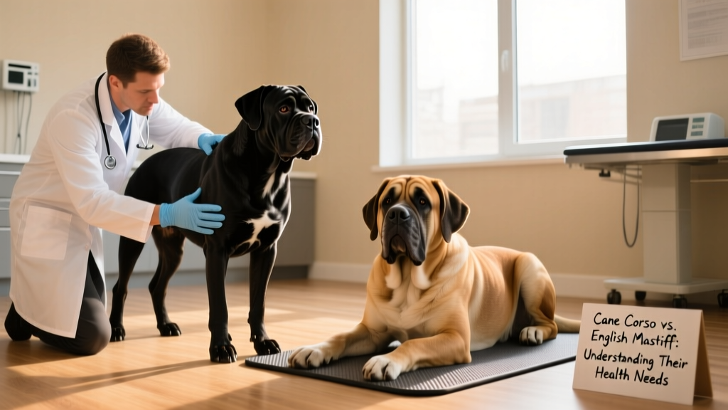 A veterinarian gently examining the hind legs of a Cane Corso and an English Mastiff during a wellness checkup