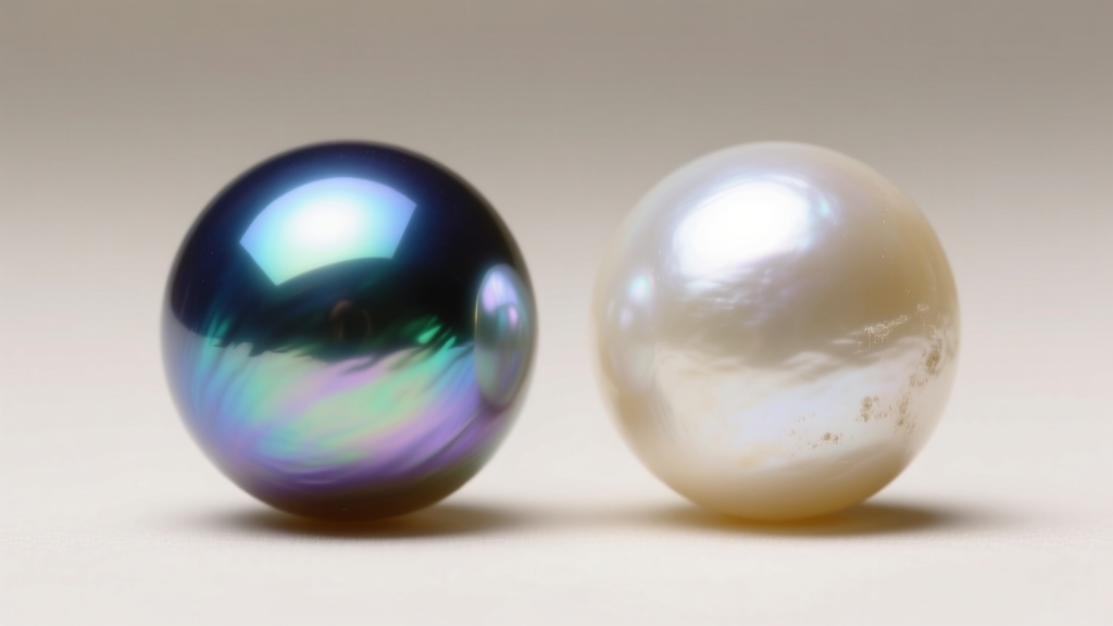 Macro photo comparing two pearls side-by-side, showing thick mirror-like nacre on the left and dull chalky nacre on the right.