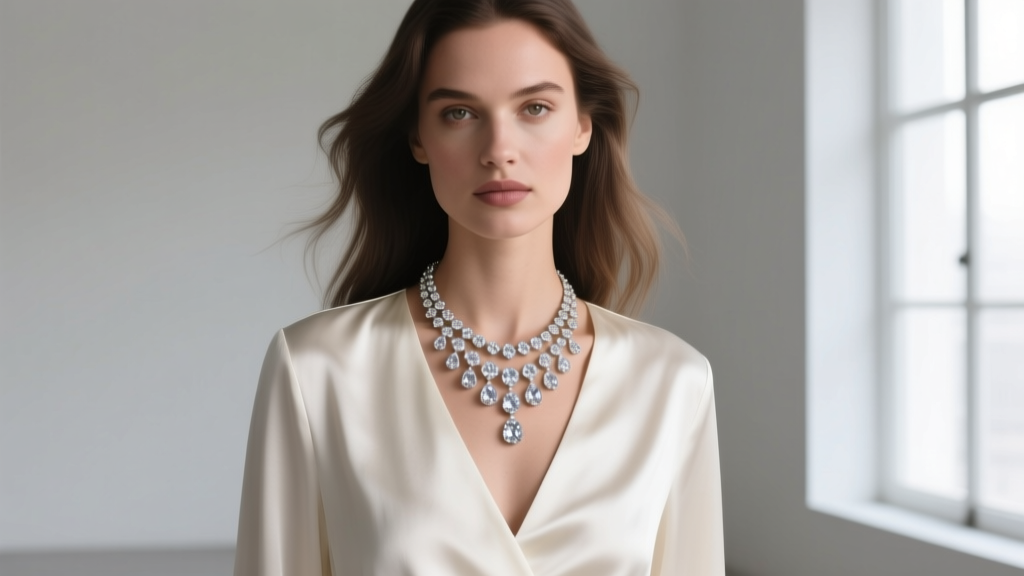 Fashion editorial portrait of a woman wearing a silk V-neck blouse layered with a sparkling Givenchy crystal lariat necklace.
