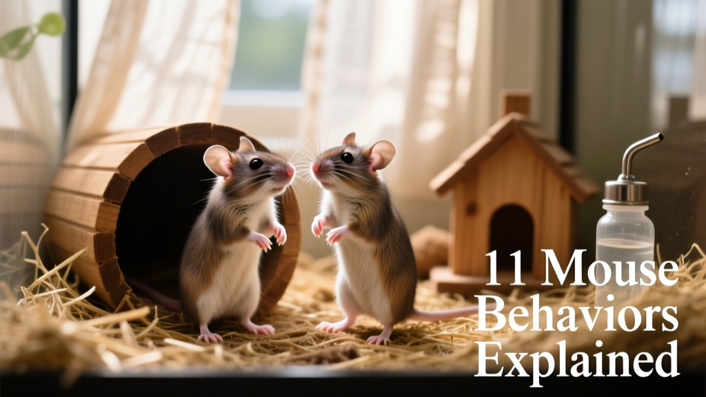 Two pet mice standing upright face-to-face near a tunnel entrance in their enclosure