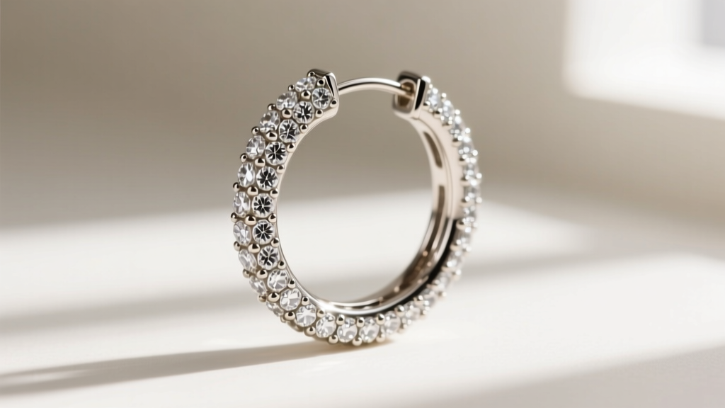 Side profile of a bead-set pave diamond hoop earring showing tiny metal beads securing stones, bright natural window lighting.
