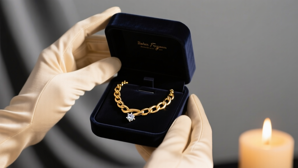 Elegant hands presenting an open velvet box containing a diamond-cut Italian Figaro chain necklace, illuminated by warm candlelight