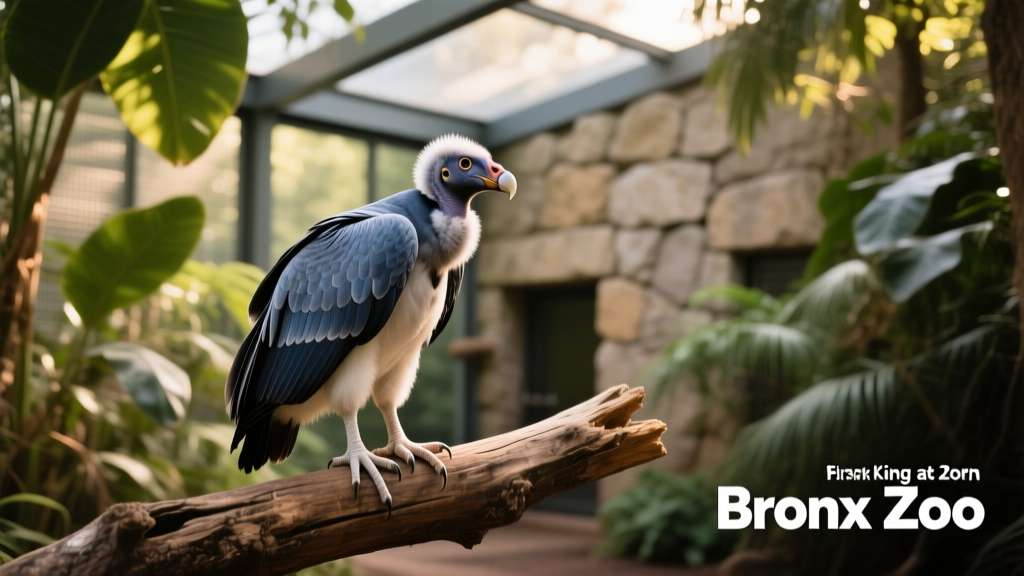 Side view of the young king vulture chick standing confidently on a branch inside its indoor enclosure, with soft lighting and naturalistic foliage