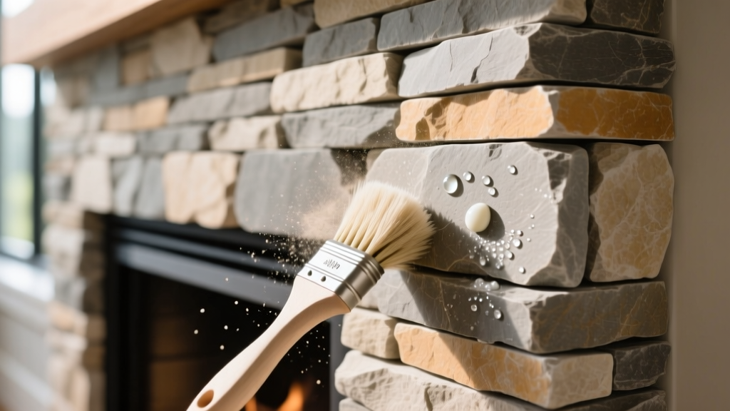 Detail of a natural stacked stone veneer fireplace wall being gently cleaned with a soft nylon brush and pH-neutral stone cleaner.