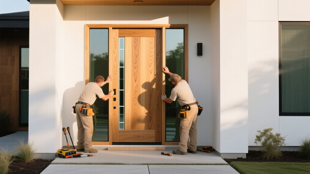 Custom solid white oak entry door with vertical glass slits being installed by carpenters in a modern residential exterior.