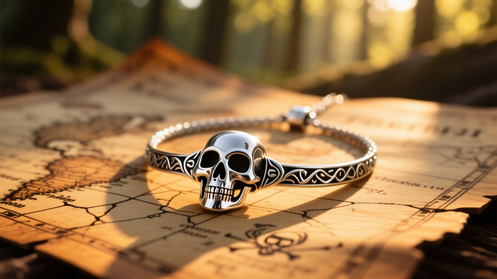 Close-up of a sterling silver Wind Waker skull necklace resting on a weathered wooden pirate map with soft golden hour lighting.