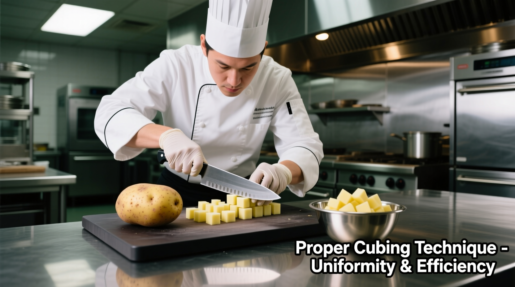 Professional chef demonstrating proper potato cubing technique with uniform pieces