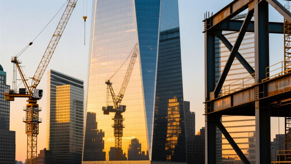 One World Trade Center glass facade reflecting the Manhattan skyline with construction cranes and steel beams in the foreground
