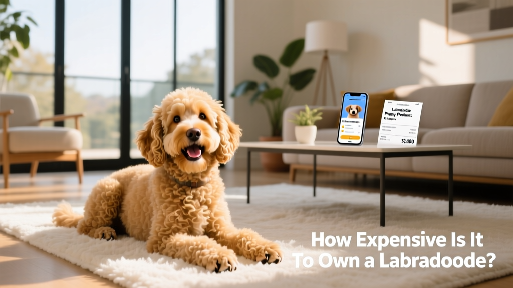 Golden Labradoodle sitting happily in a sunlit living room