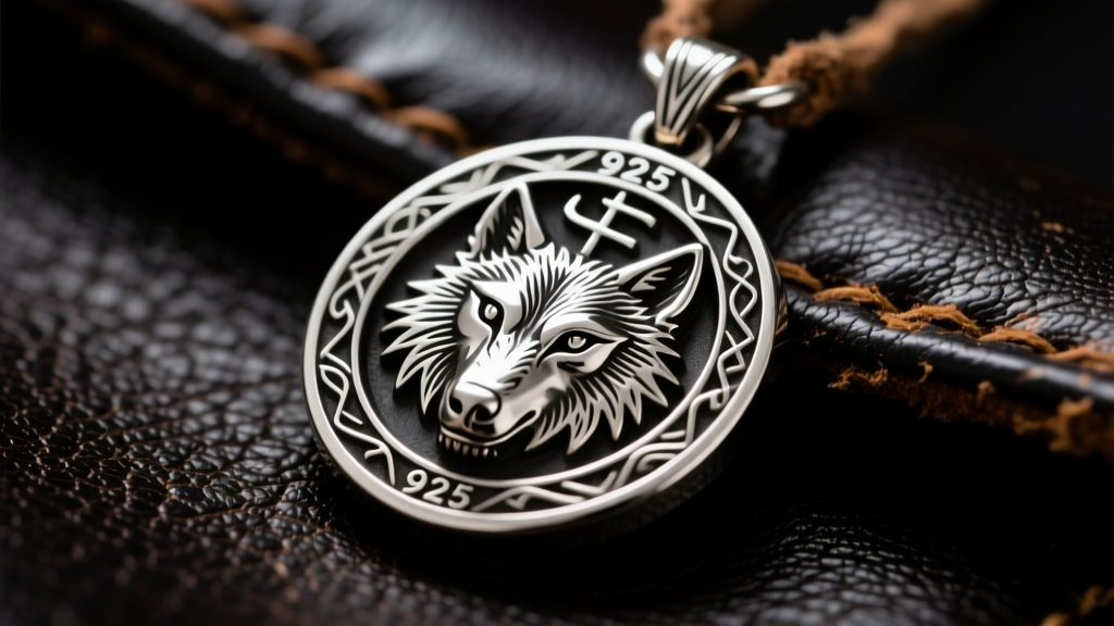 Close-up of a heavy 925 sterling silver Witcher wolf medallion resting on dark leather, dramatic moody lighting, sharp focus.