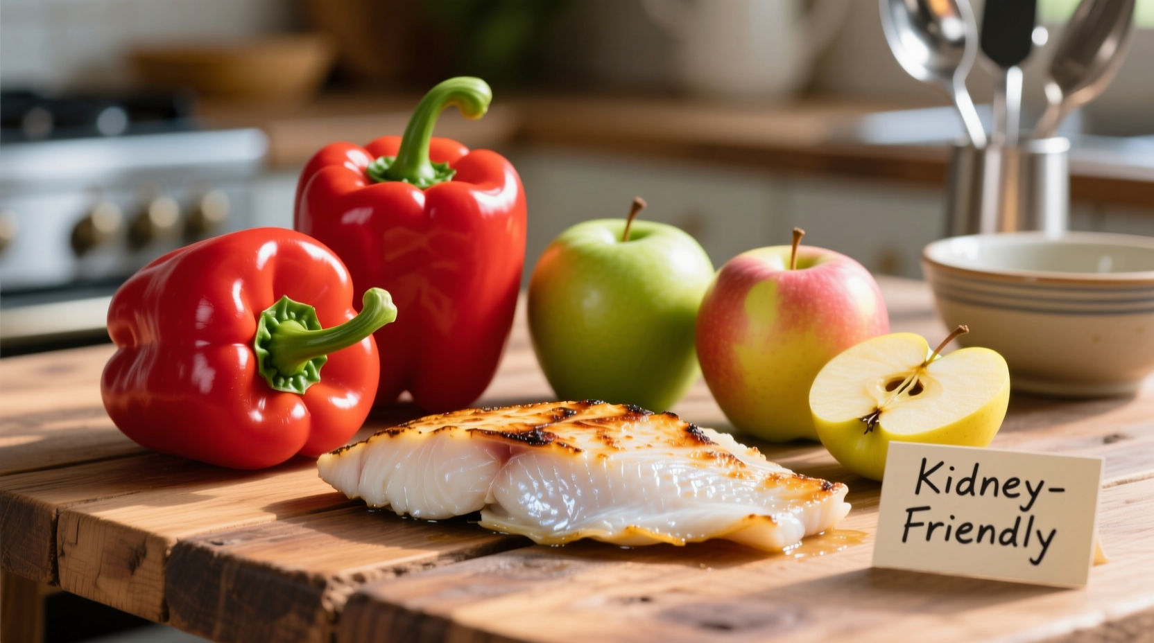 Colorful kidney-friendly foods including red bell peppers, apples, and fish
