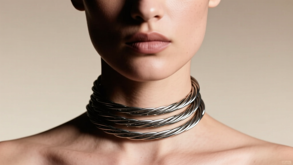 Profile of a model wearing a 12-gauge steel choker wire necklace, showing its rigid structural drape against the collarbone.