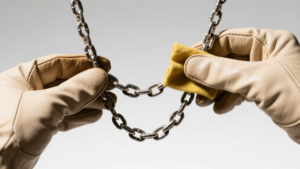 Gloved hands gently polishing a tarnished sterling silver chain link with a yellow jeweler