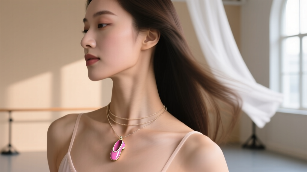 Profile of a dancer wearing a layered necklace with a small enameled pink ballet shoe pendant resting flat against her collarbone.