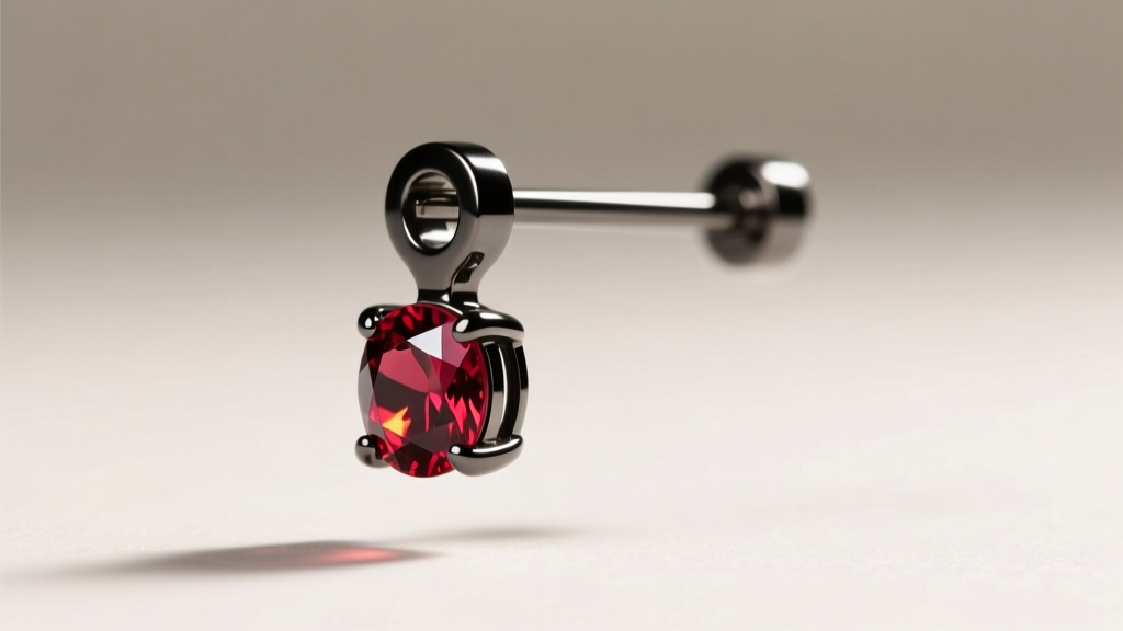 Macro shot of 16g titanium ear climber with floating ruby, highlighting dark PVD coating and precise tension setting metalwork