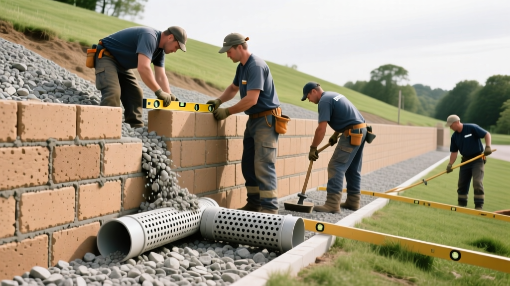 Landscaping crew installing interlocking concrete segmental retaining wall blocks with gravel backfill and perforated drainage pipe