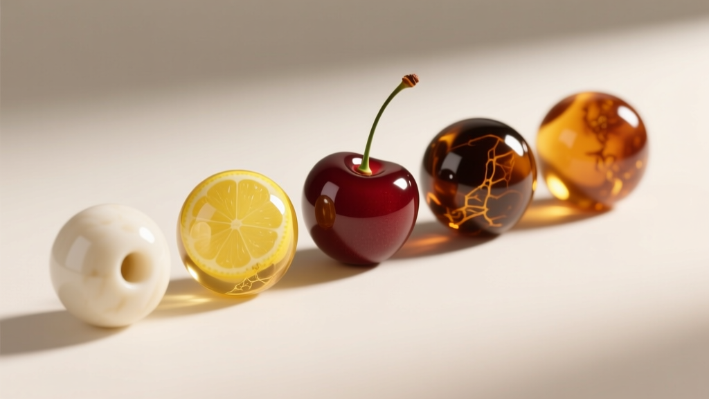 Five polished baltic amber beads arranged by color: opaque white bone, cloudy lemon, translucent cherry, cognac, and butterscotch.
