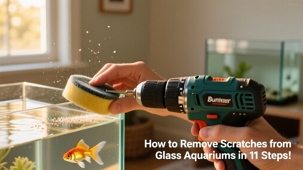 Hand holding a buffing pad attached to a drill, gently polishing a section of aquarium glass