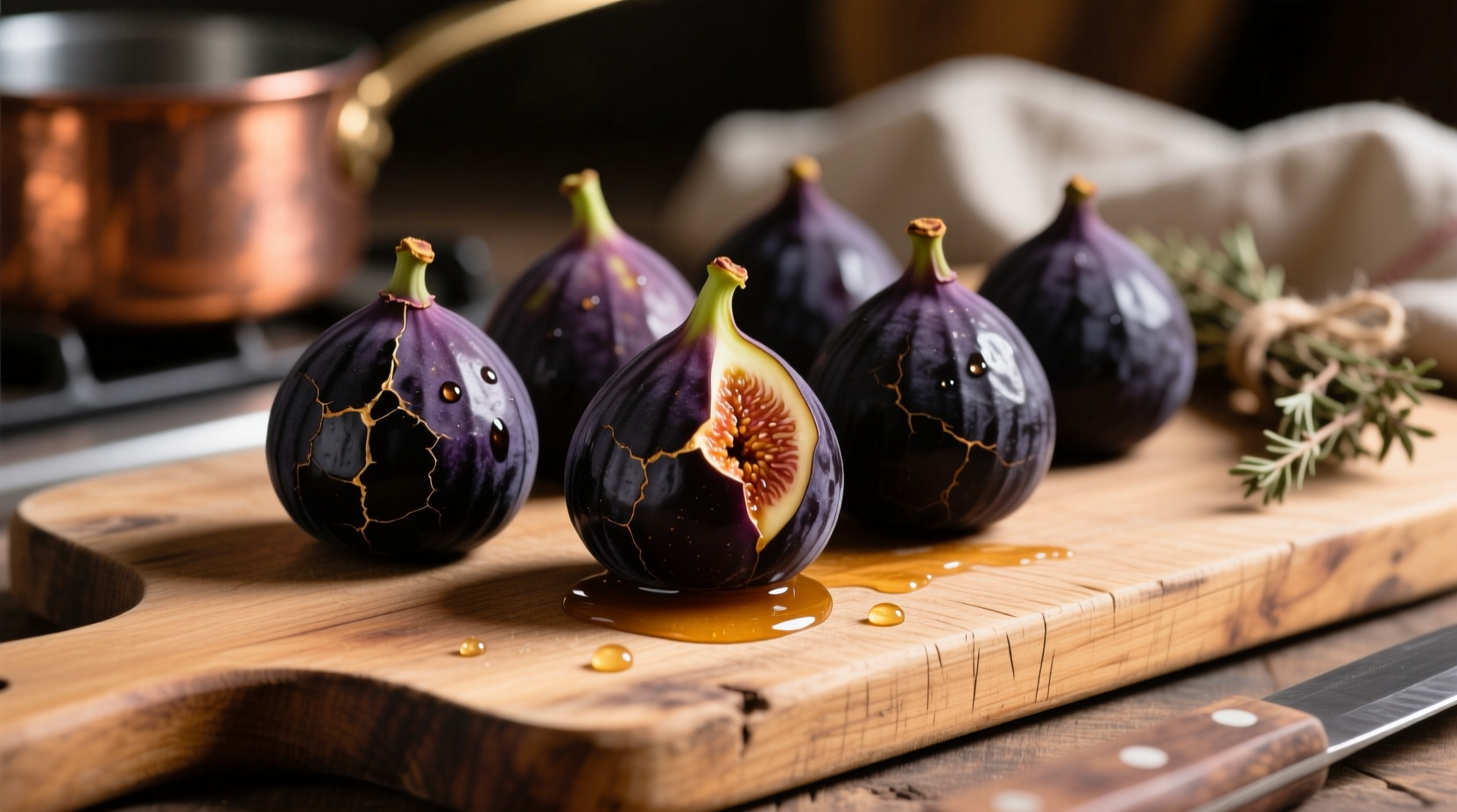 Ripe black mission figs on wooden cutting board