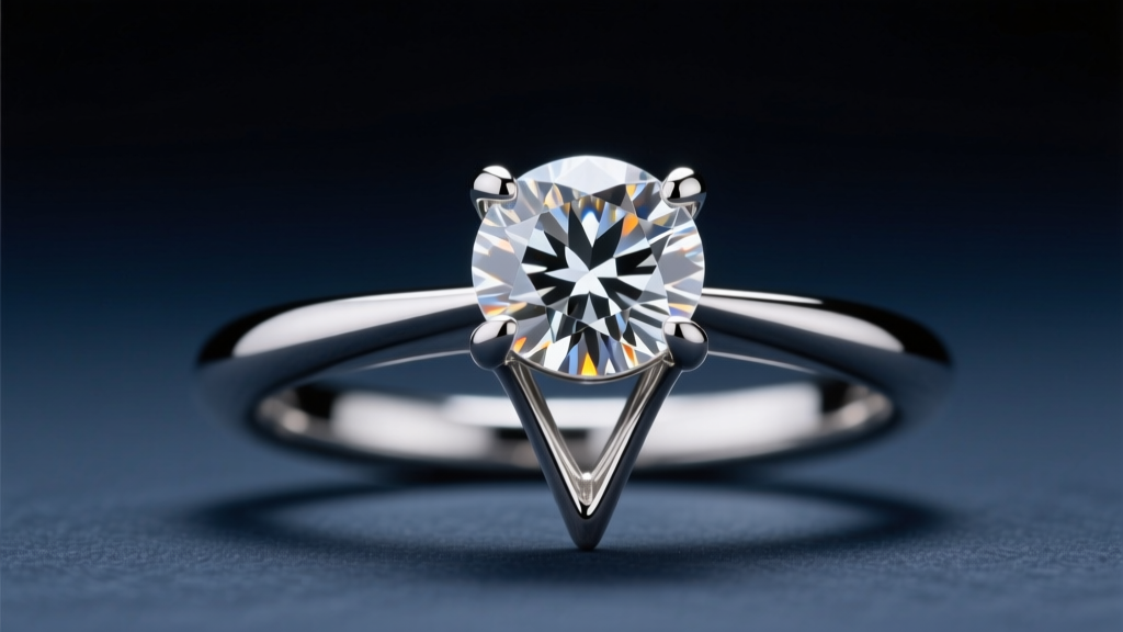 Macro shot of a 0.5 carat round brilliant diamond in a three-prong platinum martini setting, focused against dark slate