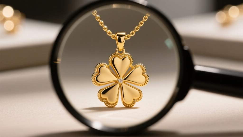Loupe examining milgrain beading and spring clasp on an 18k gold clover pendant under bright bench lighting in a jewelry studio