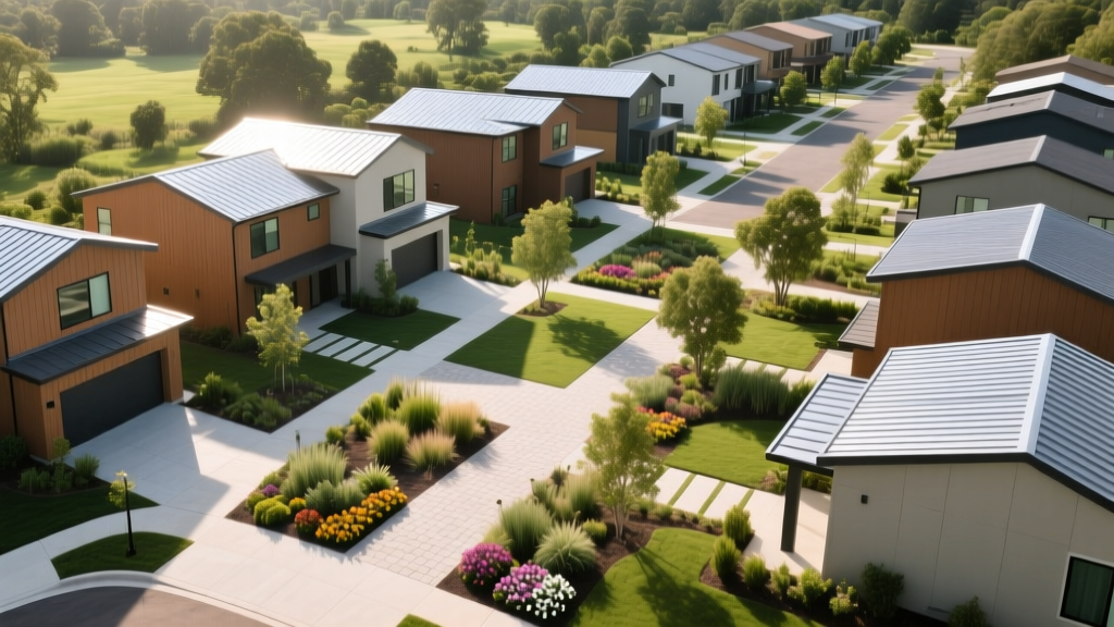 Aerial view of a new township community with fiber cement siding homes, metal roofs, and permeable paver walkways in a landscaped plaza
