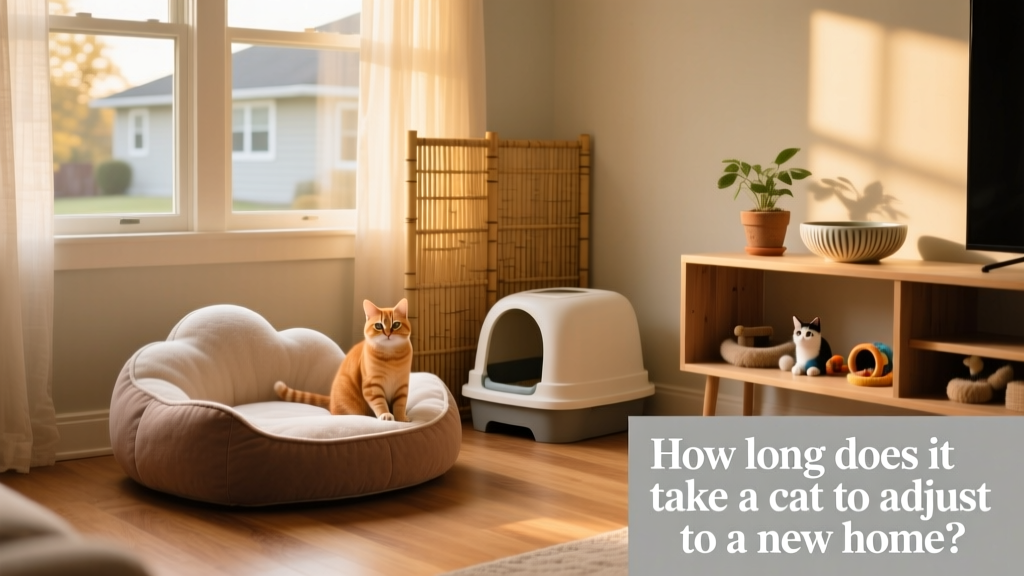 A tidy, inviting cat-safe room with a soft bed, litter box, water bowl, and low shelf