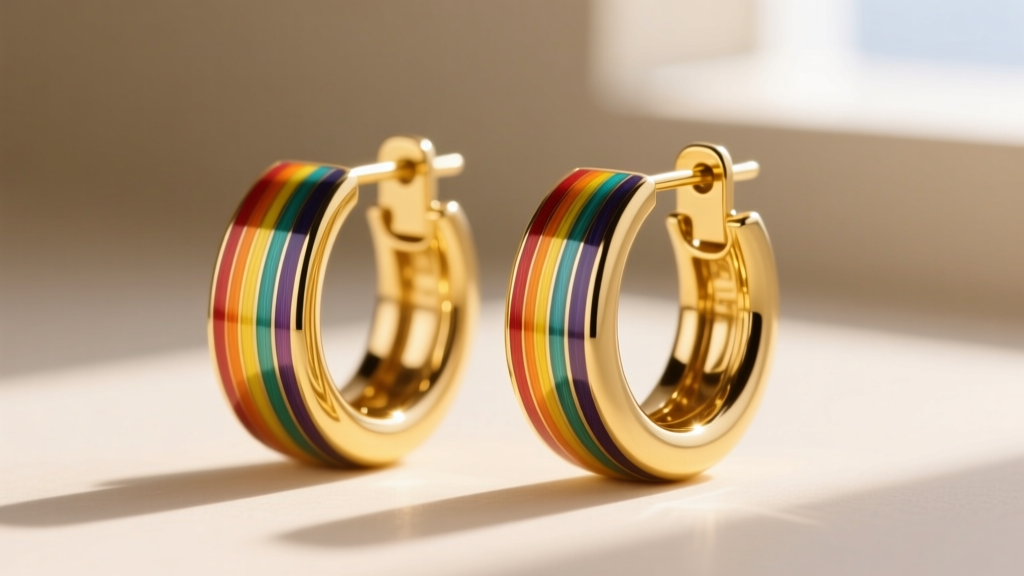 Macro of 18k yellow gold huggie earrings with vibrant vitreous enamel rainbow stripes, lit to highlight the glass-to-metal bond.