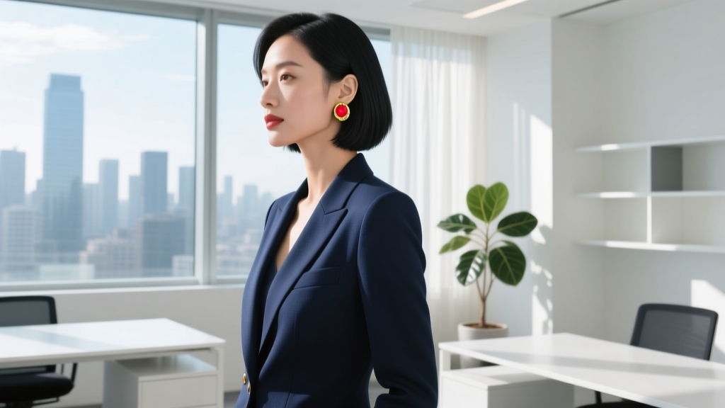 Woman in navy blazer wearing minimalist 14k gold and red coral stud earrings, side profile in a bright, modern office environment.