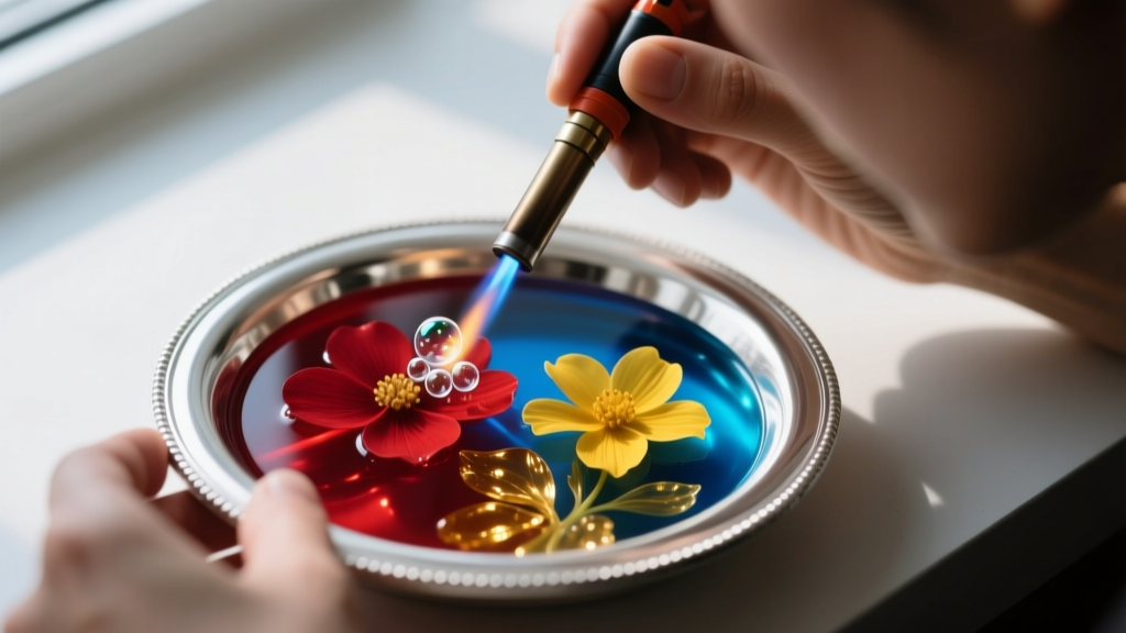 Close-up of a jeweler using a butane torch to pop micro-bubbles on freshly poured floral resin inside a round silver bezel tray.