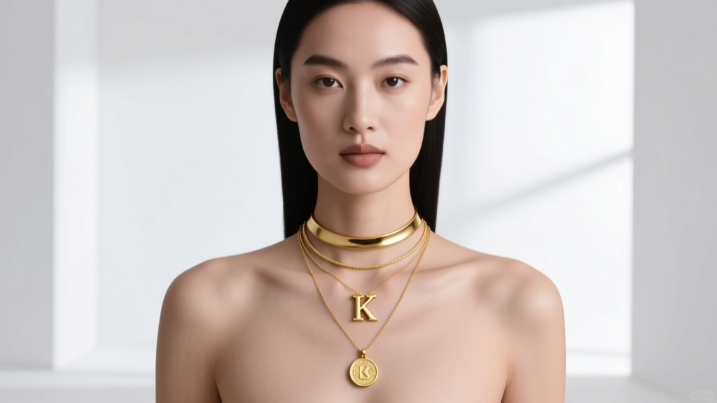 Model wearing a layered stack with a 14-inch gold choker, a 16-inch gold K initial necklace, and an 18-inch gold coin pendant.