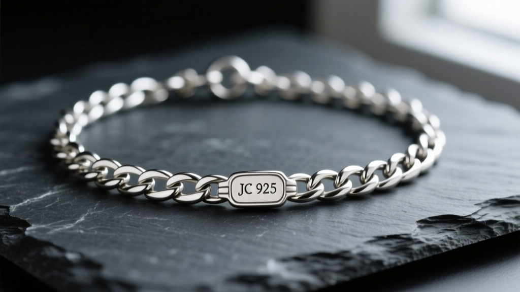 Macro shot of a vintage JC 925 sterling silver chain necklace on dark slate, focusing on the tiny hallmark engraving on the clasp.